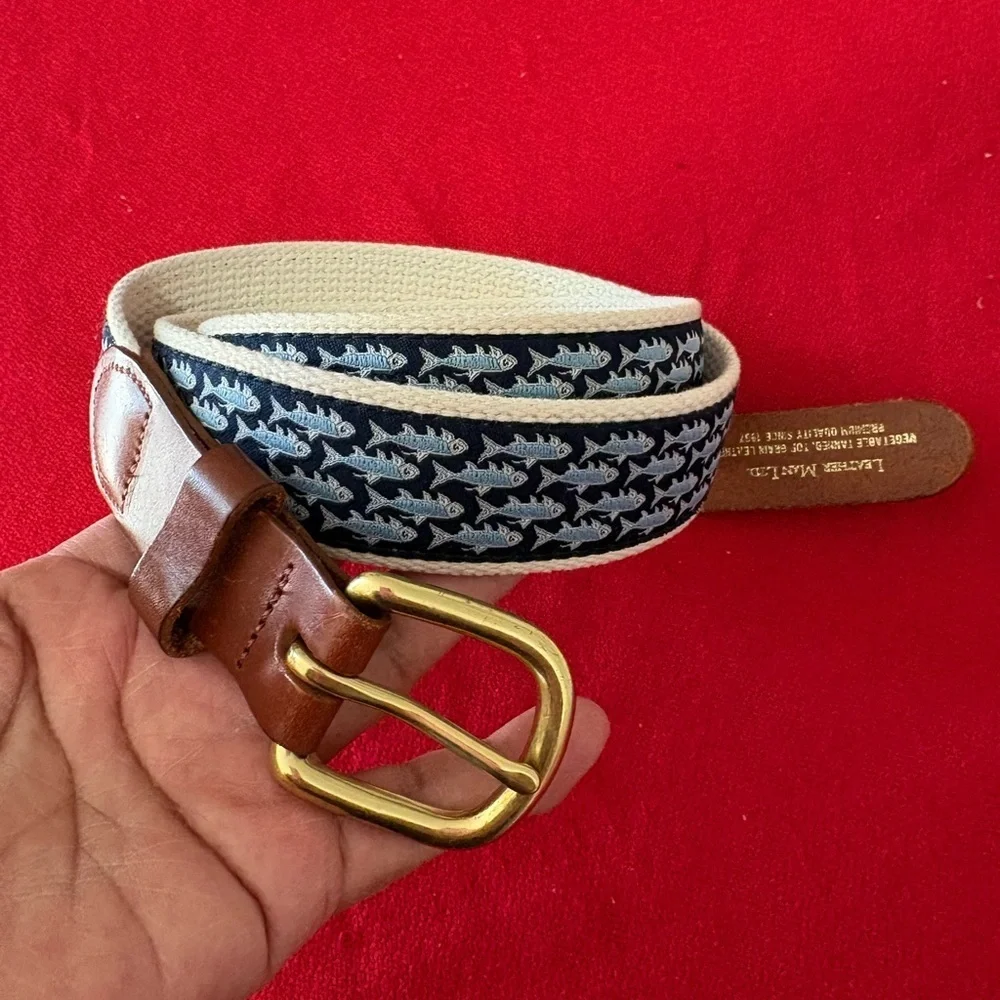 EUC Blue Fish On Navy Leather & Ivory Canvas Belt . Leather Man USA